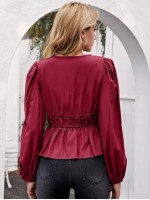 Lantern Sleeve Tie Front Peplum Top