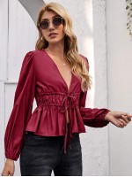 Lantern Sleeve Tie Front Peplum Top