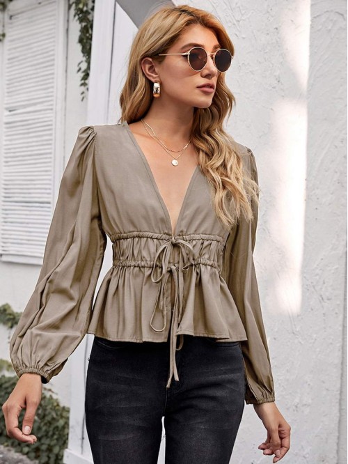 Lantern Sleeve Tie Front Peplum Top