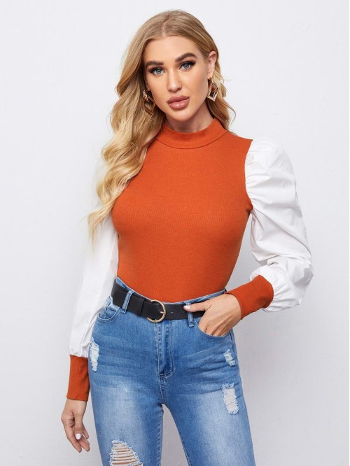 Mock Neck Puff Sleeve Colorblock Top