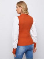 Mock Neck Puff Sleeve Colorblock Top