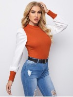 Mock Neck Puff Sleeve Colorblock Top