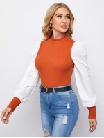 Mock Neck Puff Sleeve Colorblock Top