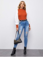 Mock Neck Puff Sleeve Colorblock Top