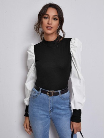 Mock Neck Puff Sleeve Colorblock Top