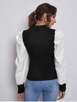 Mock Neck Puff Sleeve Colorblock Top