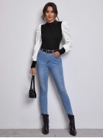 Mock Neck Puff Sleeve Colorblock Top