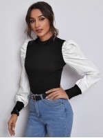 Mock Neck Puff Sleeve Colorblock Top