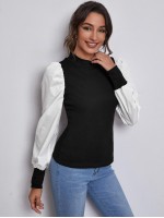 Mock Neck Puff Sleeve Colorblock Top