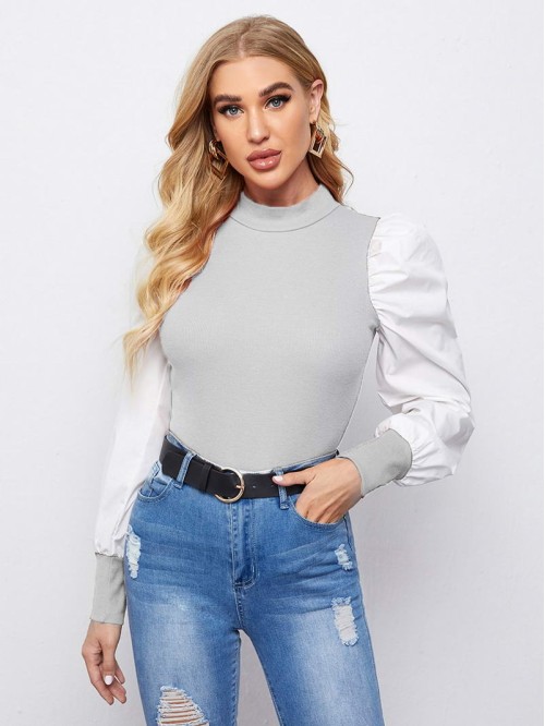 Mock Neck Puff Sleeve Colorblock Top