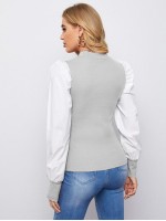 Mock Neck Puff Sleeve Colorblock Top