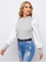 Mock Neck Puff Sleeve Colorblock Top