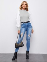 Mock Neck Puff Sleeve Colorblock Top