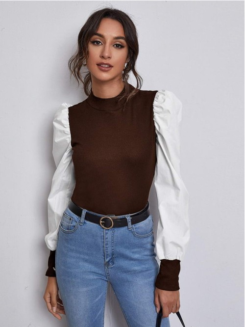 Mock Neck Puff Sleeve Colorblock Top