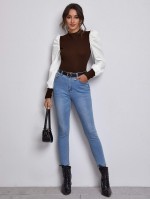 Mock Neck Puff Sleeve Colorblock Top