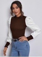 Mock Neck Puff Sleeve Colorblock Top