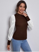 Mock Neck Puff Sleeve Colorblock Top