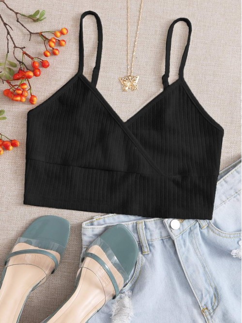 Surplice Neck Rib-knit Crop Cami Top