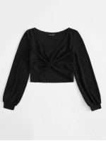 Twist Front Rib-knit Solid Top