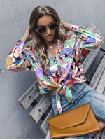 Allover Figure Print Knot Hem Blouse