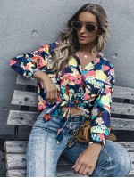 Allover Figure Print Knot Hem Blouse