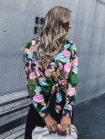 Allover Figure Print Knot Hem Blouse