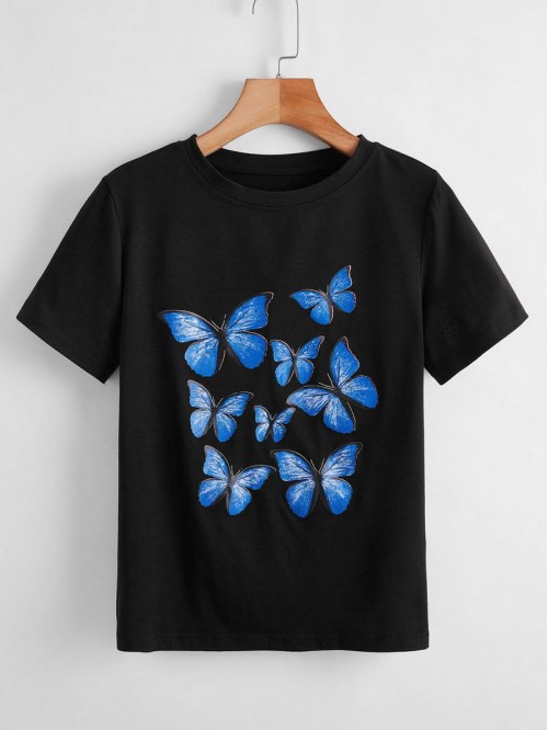 Butterfly Print Round Neck Tee