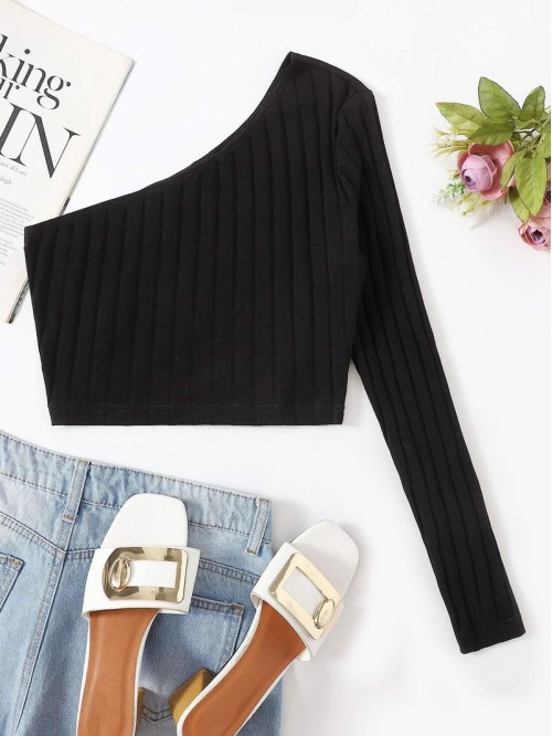 One Shoulder Rib-knit Crop Top