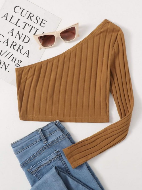 One Shoulder Rib-knit Crop Top