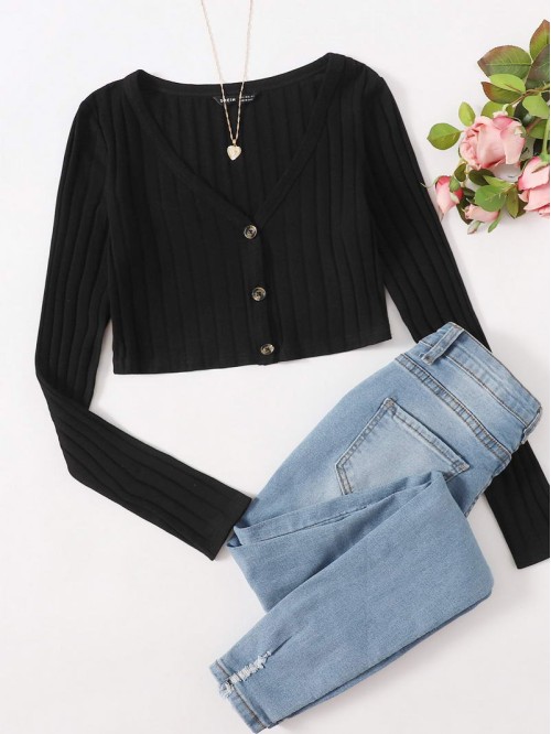 Buttoned Front Rib-knit Crop Tee