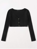 Buttoned Front Rib-knit Crop Tee