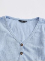 Button Front Rib-knit Crop Tee