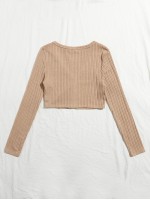 Button Front Rib-knit Crop Tee