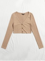 Button Front Rib-knit Crop Tee