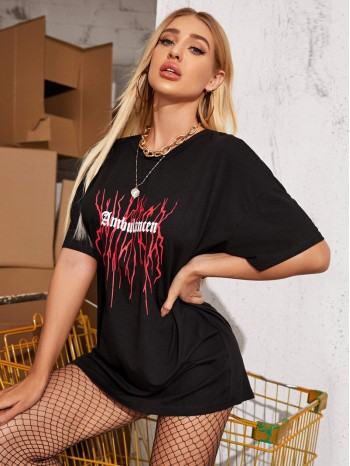 Letter Graphic Drop Shoulder Oversized Longline Tee