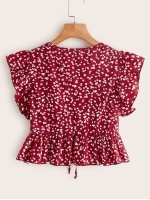 Ditsy Floral Tie Front Ruffle Hem Top