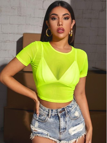 Neon Lime Sheer Mesh Crop Top Without Bra