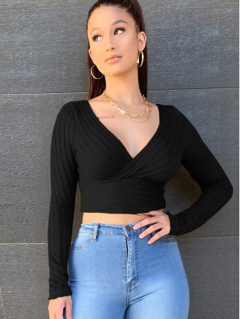 Textured Surplice Long Sleeve Crop Top