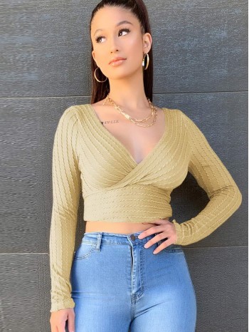 Surplice Neck Cable Knit Crop Top