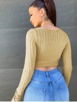 Surplice Neck Cable Knit Crop Top