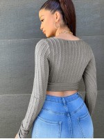 Surplice Neck Cable Knit Crop Top