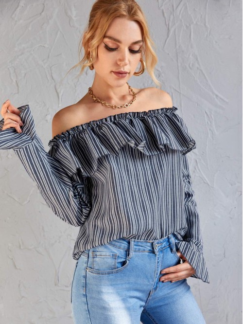 Ruffle Off Shoulder Bell Sleeve Striped Top