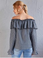 Ruffle Off Shoulder Bell Sleeve Striped Top