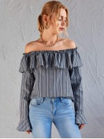 Ruffle Off Shoulder Bell Sleeve Striped Top