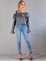 Ruffle Off Shoulder Bell Sleeve Striped Top