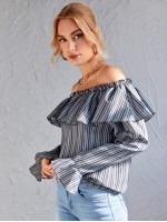 Ruffle Off Shoulder Bell Sleeve Striped Top