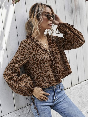 Bishop Sleeve Leopard Print Frill Trim Top