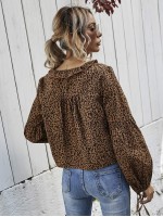 Bishop Sleeve Leopard Print Frill Trim Top