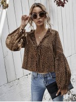 Bishop Sleeve Leopard Print Frill Trim Top