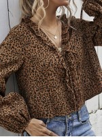 Bishop Sleeve Leopard Print Frill Trim Top